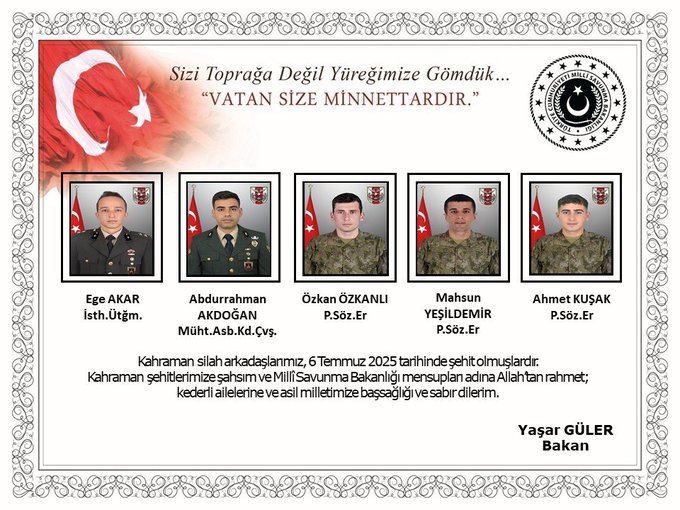 Pençe-Kilit Bölgesinden Acı Haber: 5 Kahraman Askerimiz Şehit Oldu