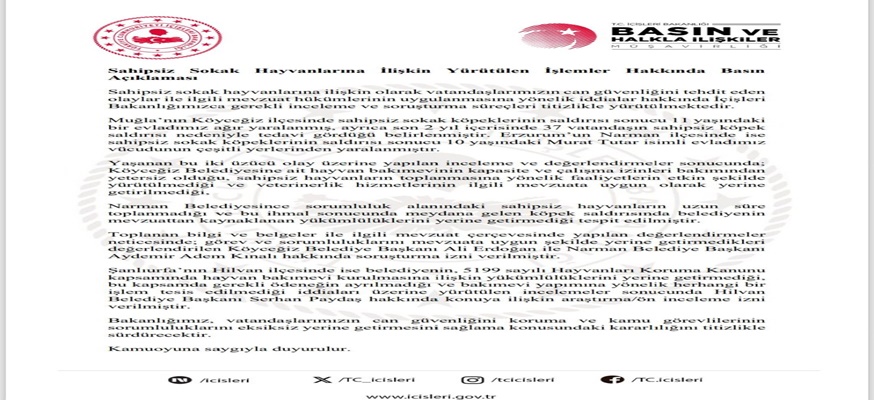 İçişleri Bakanlığı'ndan Sahipsiz Sokak Hayvanları Açıklaması